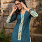 Artful Teal Cotton Kurta Featuring Madhubani Panel Yoke & Cuff Highlights