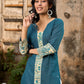 Artful Teal Cotton Kurta Featuring Madhubani Panel Yoke & Cuff Highlights