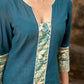 Artful Teal Cotton Kurta Featuring Madhubani Panel Yoke & Cuff Highlights