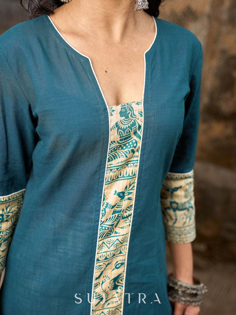 Artful Teal Cotton Kurta Featuring Madhubani Panel Yoke & Cuff Highlights