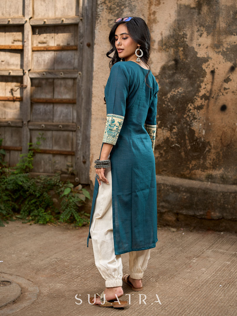 Artful Teal Cotton Kurta Featuring Madhubani Panel Yoke & Cuff Highlights