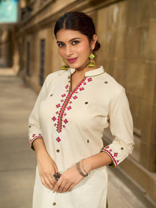 Heritage Off-White Cotton Flex Kurta with Traditional Mirror Kutchi Embroidered Yoke & Scattered Mirror Work