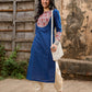 Elegant Navy Blue Cotton Kurta with Vibrant Printed Yoke & Statement Neckline