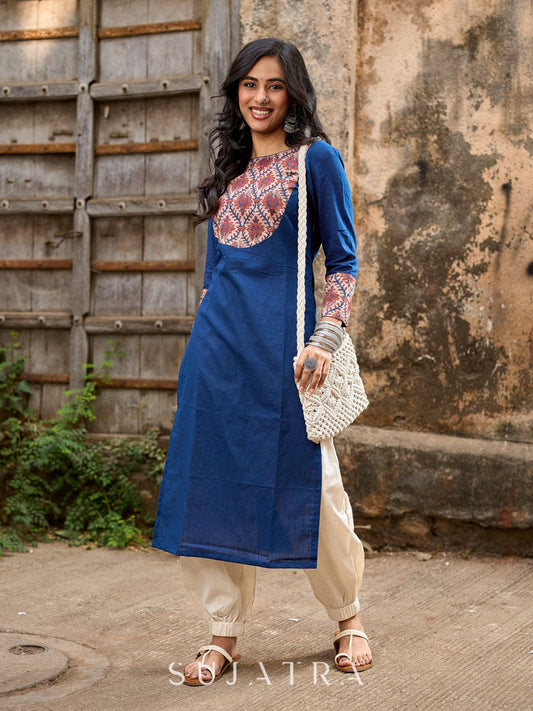 Elegant Navy Blue Cotton Kurta with Vibrant Printed Yoke & Statement Neckline