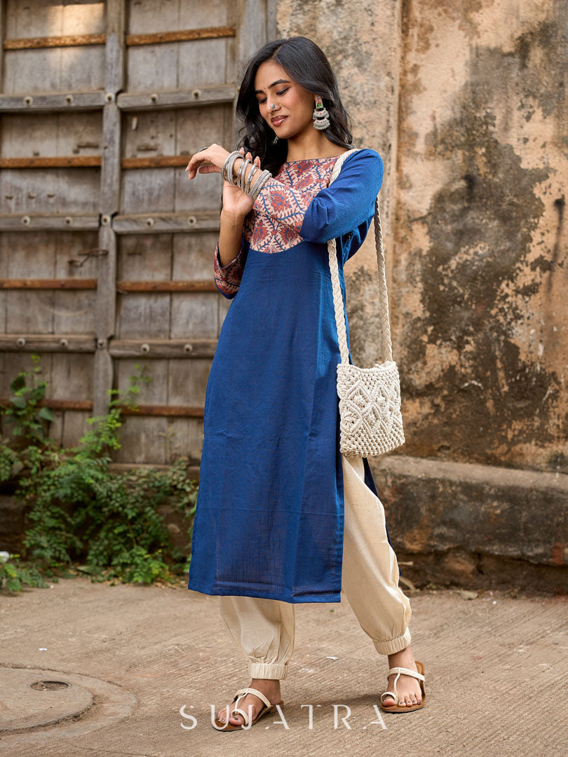 Elegant Navy Blue Cotton Kurta with Vibrant Printed Yoke & Statement Neckline