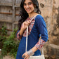 Elegant Navy Blue Cotton Kurta with Vibrant Printed Yoke & Statement Neckline