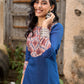 Elegant Navy Blue Cotton Kurta with Vibrant Printed Yoke & Statement Neckline