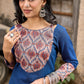 Elegant Navy Blue Cotton Kurta with Vibrant Printed Yoke & Statement Neckline