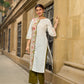 Tailored White Cotton Kurta with Pink Floral Printed Side Panel & Olive Trim Detailing