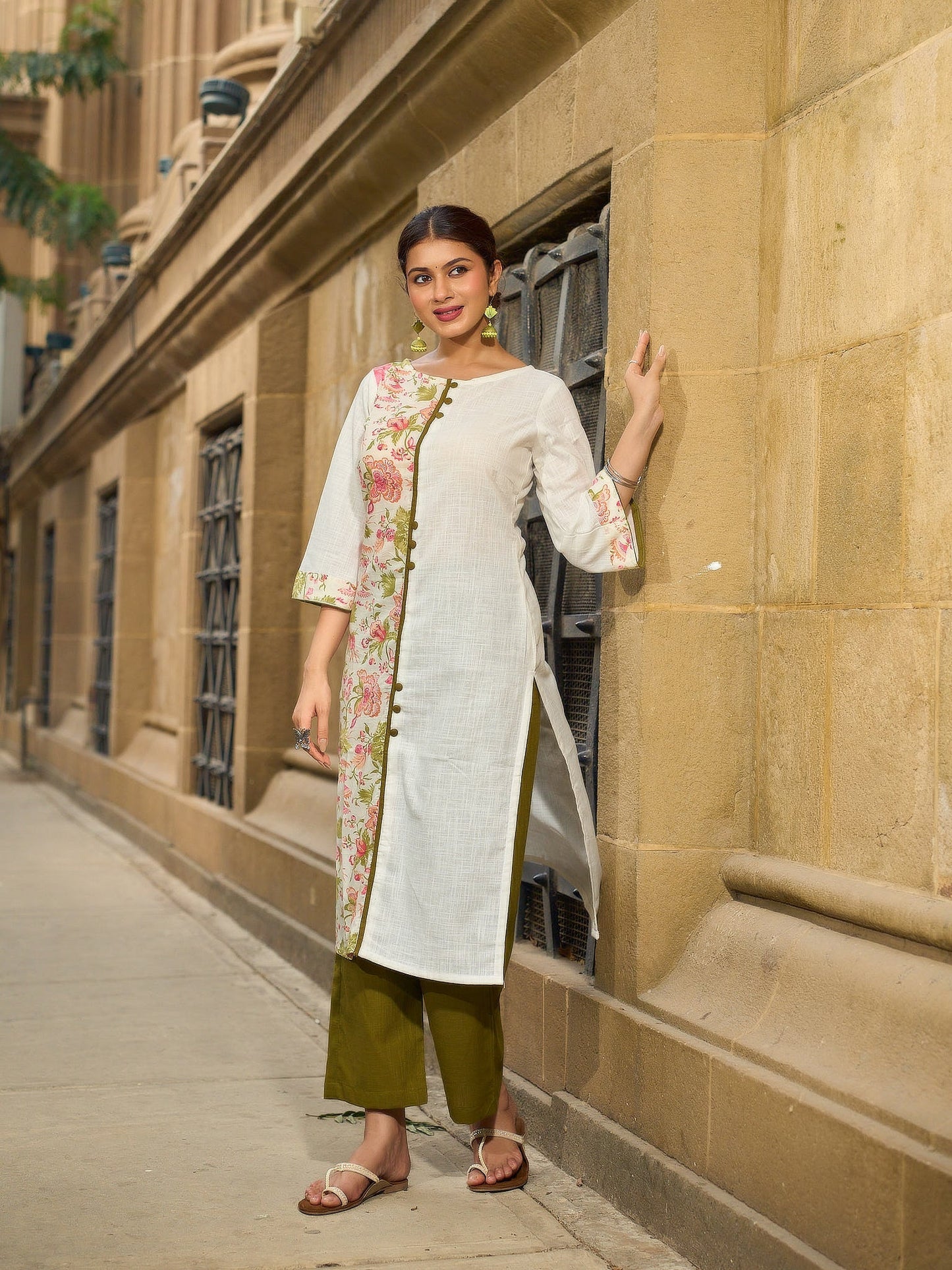 Tailored White Cotton Kurta with Pink Floral Printed Side Panel & Olive Trim Detailing