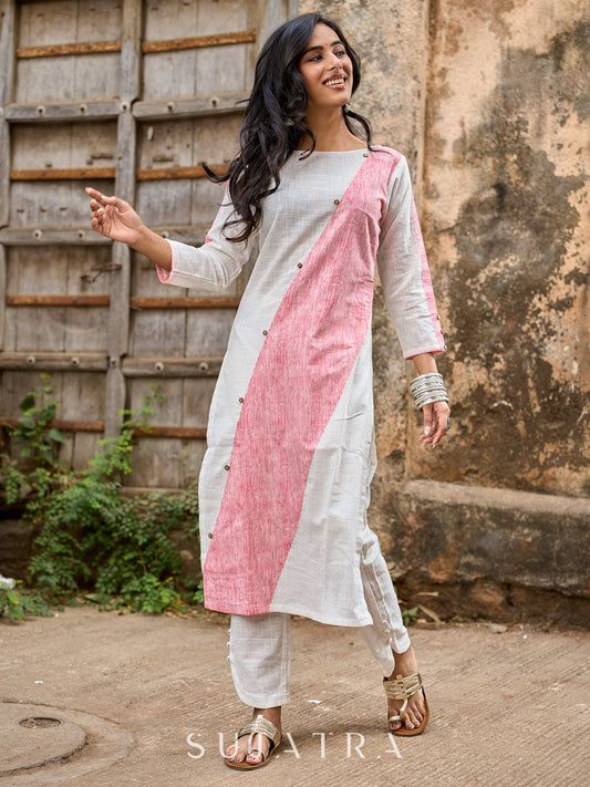 Chic White Cotton Straight Kurta with Pink Striped Front Panel & Sleeve