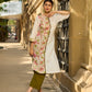 Tailored White Cotton Kurta with Pink Floral Printed Side Panel & Olive Trim Detailing