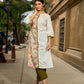 Tailored White Cotton Kurta with Pink Floral Printed Side Panel & Olive Trim Detailing