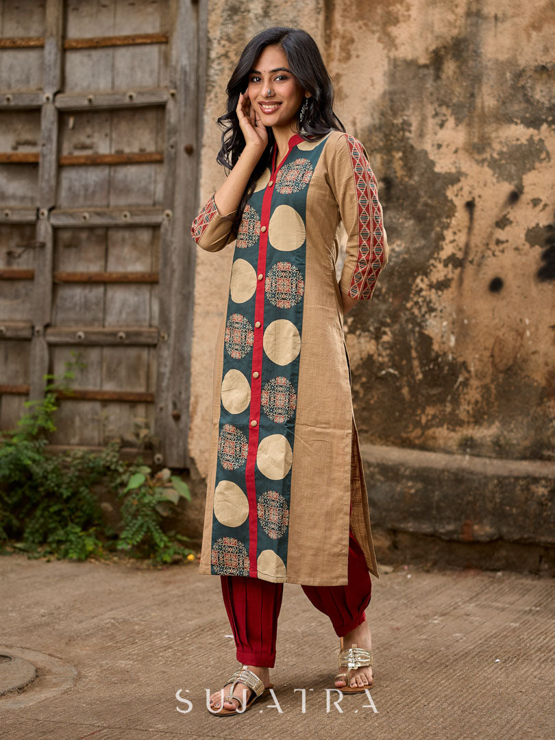 Beige Cotton Kurta with Artistic Circular Printed Panel, Highlight Placket & Sleeves