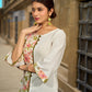 Tailored White Cotton Kurta with Pink Floral Printed Side Panel & Olive Trim Detailing