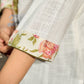Tailored White Cotton Kurta with Pink Floral Printed Side Panel & Olive Trim Detailing