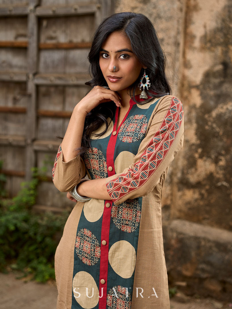 Beige Cotton Kurta with Artistic Circular Printed Panel, Highlight Placket & Sleeves