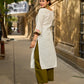 Tailored White Cotton Kurta with Pink Floral Printed Side Panel & Olive Trim Detailing