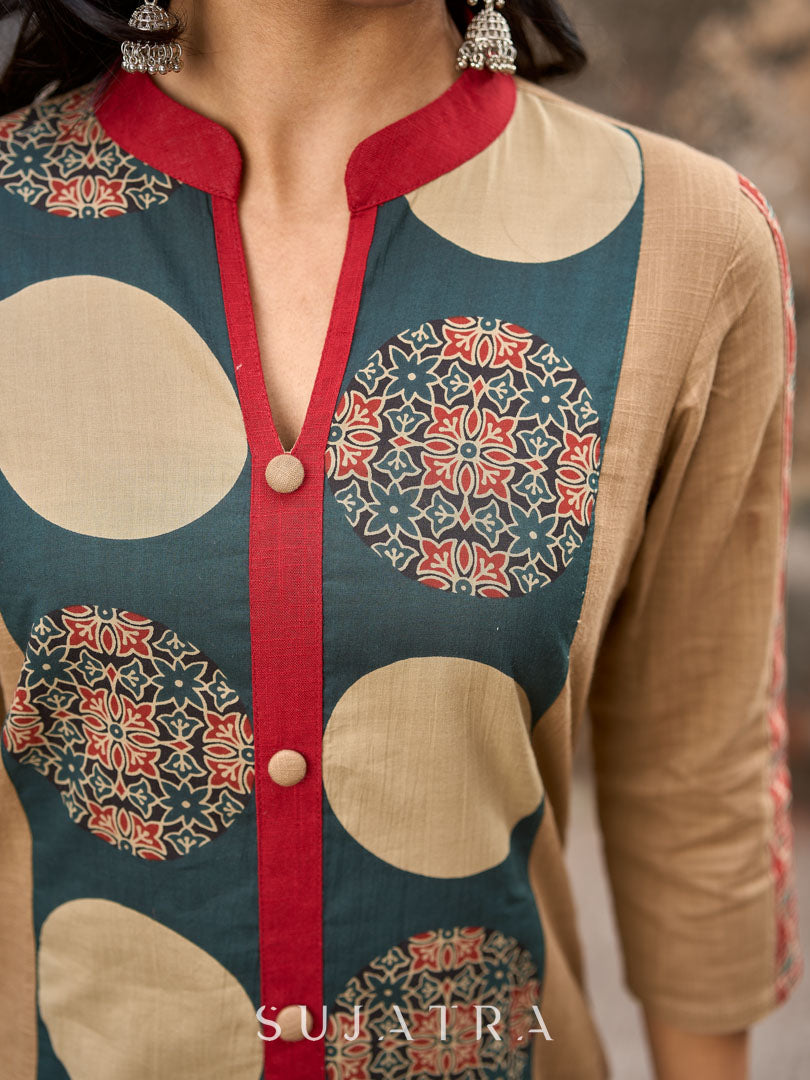 Beige Cotton Kurta with Artistic Circular Printed Panel, Highlight Placket & Sleeves
