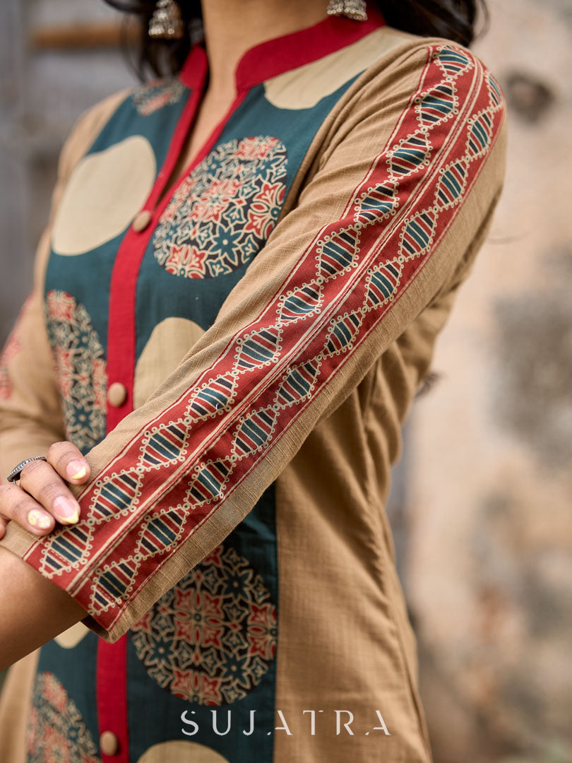 Beige Cotton Kurta with Artistic Circular Printed Panel, Highlight Placket & Sleeves