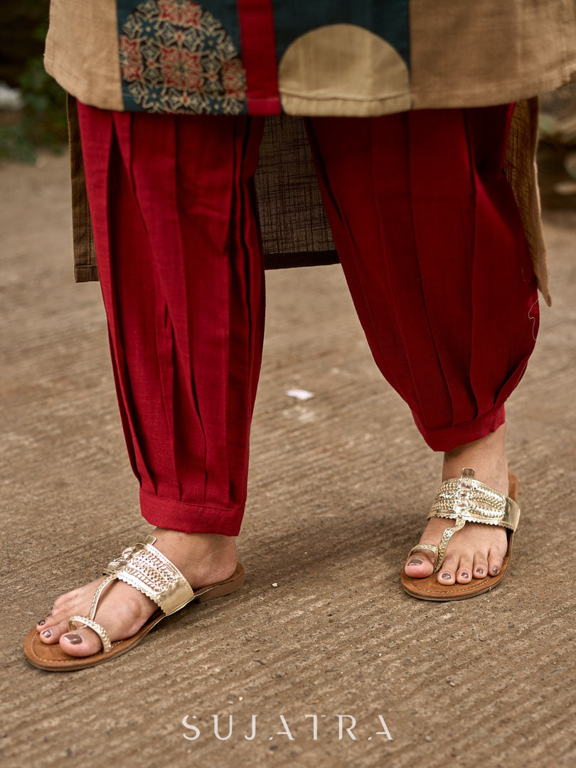 Beige Cotton Kurta with Artistic Circular Printed Panel, Highlight Placket & Sleeves