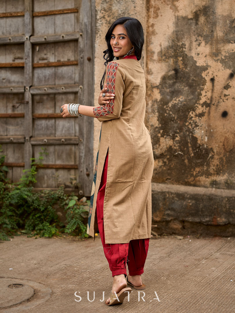 Beige Cotton Kurta with Artistic Circular Printed Panel, Highlight Placket & Sleeves