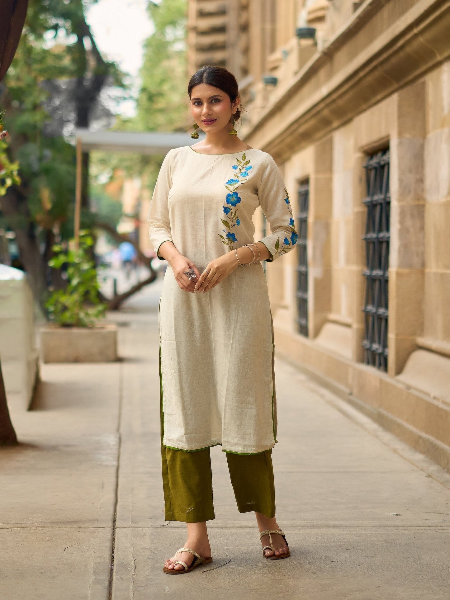 Serene Off-White Cotton Flex Kurta with Artistic Hand Painted Blue Floral Motif & Simple Silhouette