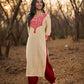 Graceful Light Beige Rayon Kurta with Maroon Striped Yoke & Floral Sleeves