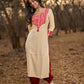 Graceful Light Beige Rayon Kurta with Maroon Striped Yoke & Floral Sleeves