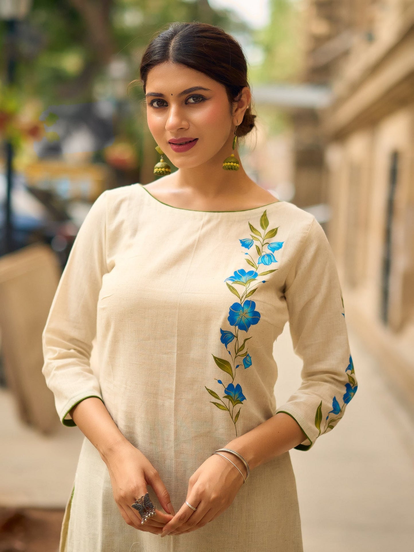 Serene Off-White Cotton Flex Kurta with Artistic Hand Painted Blue Floral Motif & Simple Silhouette