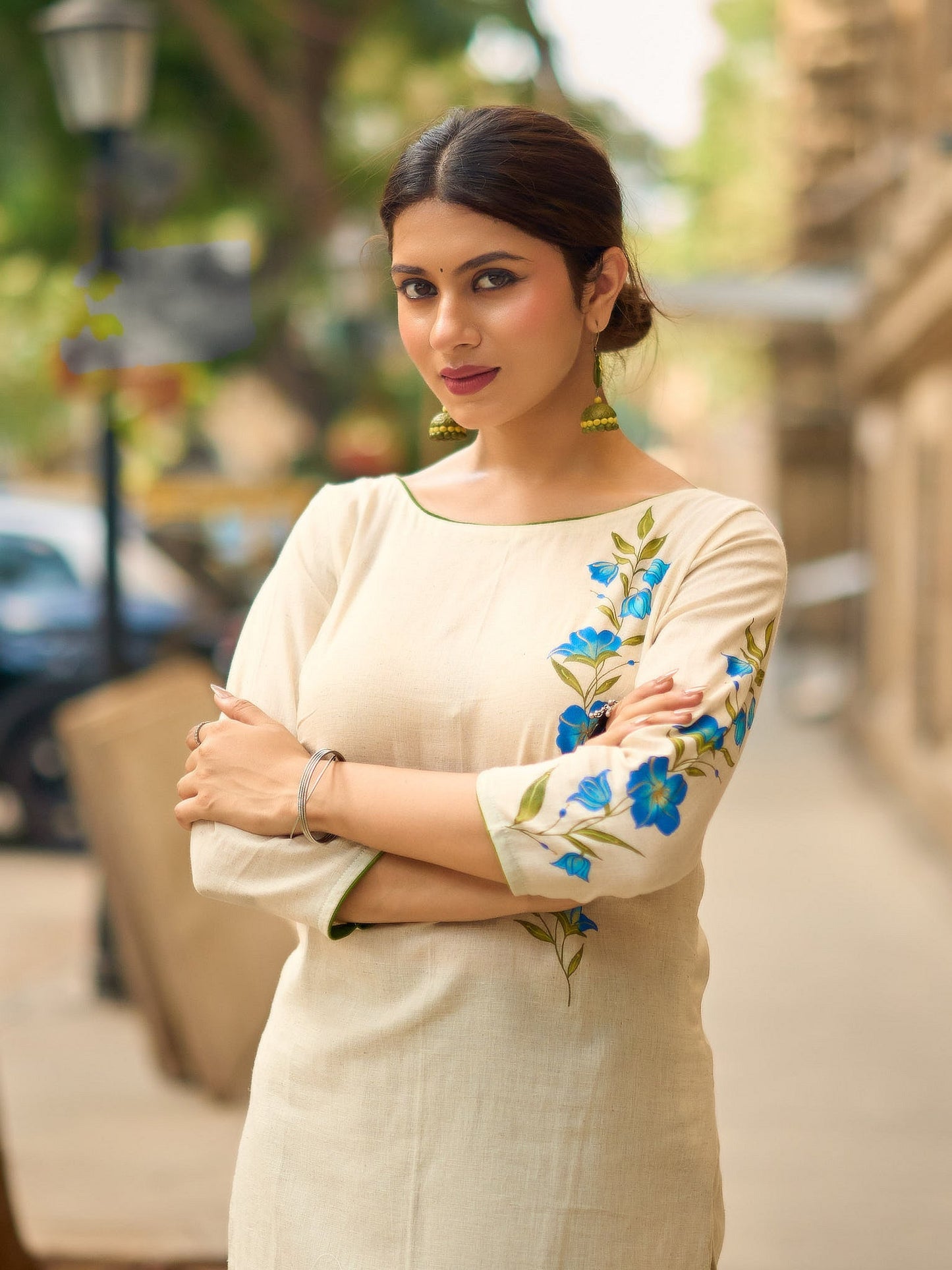 Serene Off-White Cotton Flex Kurta with Artistic Hand Painted Blue Floral Motif & Simple Silhouette