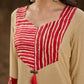 Graceful Light Beige Rayon Kurta with Maroon Striped Yoke & Floral Sleeves