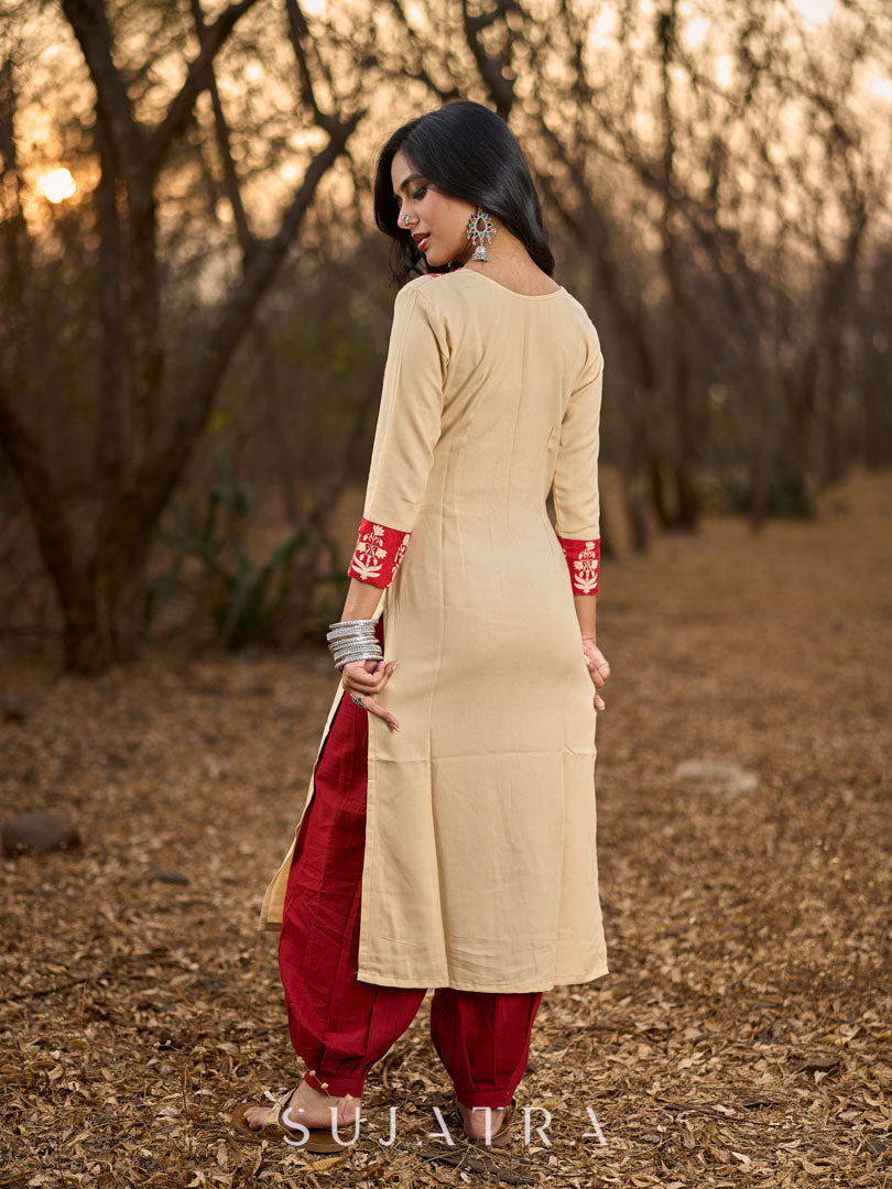 Graceful Light Beige Rayon Kurta with Maroon Striped Yoke & Floral Sleeves