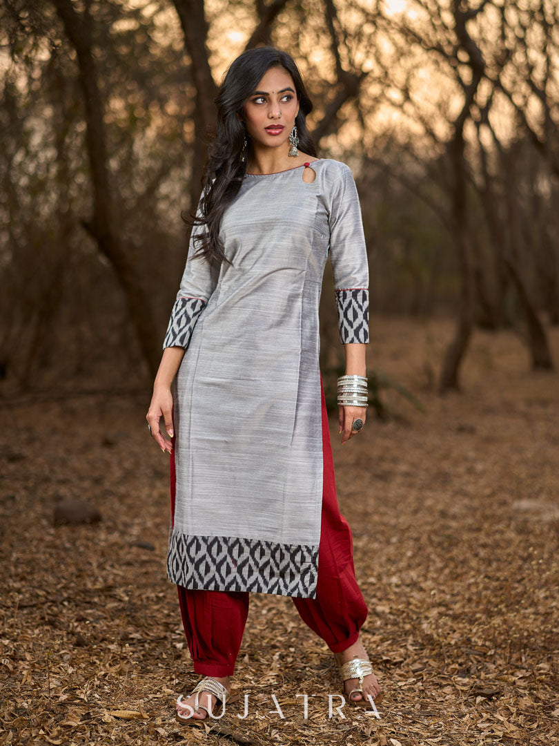 Timeless Grey Cotton Silk Kurta with Keyhole Neckline, Ikat Hem & Cuff Design