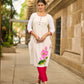 Blooming White Cotton Kurta with Signature Pichwai Hand Painted Pink Lotus & Contrast Trim Detail