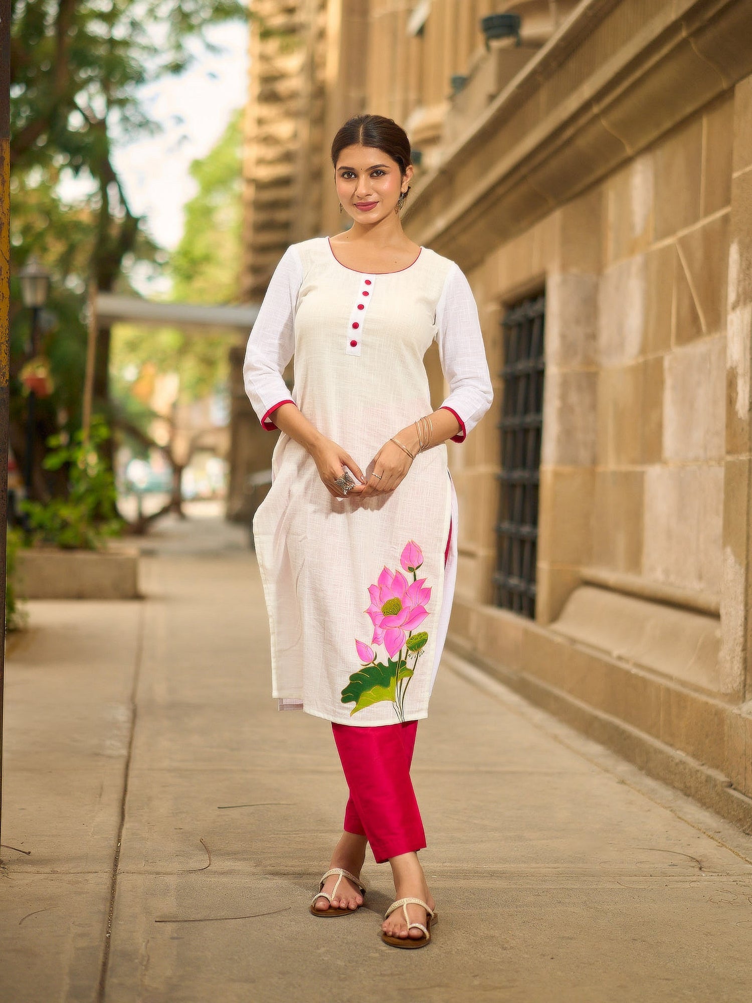 Blooming White Cotton Kurta with Signature Pichwai Hand Painted Pink Lotus & Contrast Trim Detail