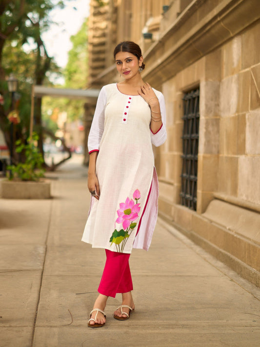 Blooming White Cotton Kurta with Signature Pichwai Hand Painted Pink Lotus & Contrast Trim Detail