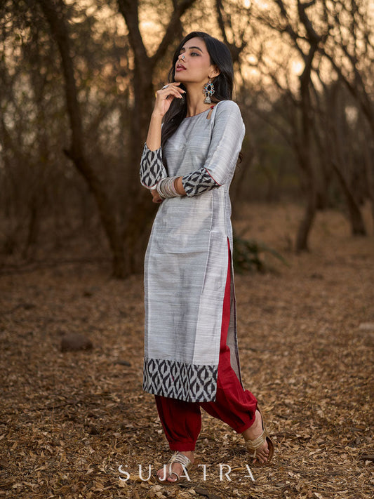 Timeless Grey Cotton Silk Kurta with Keyhole Neckline, Ikat Hem & Cuff Design