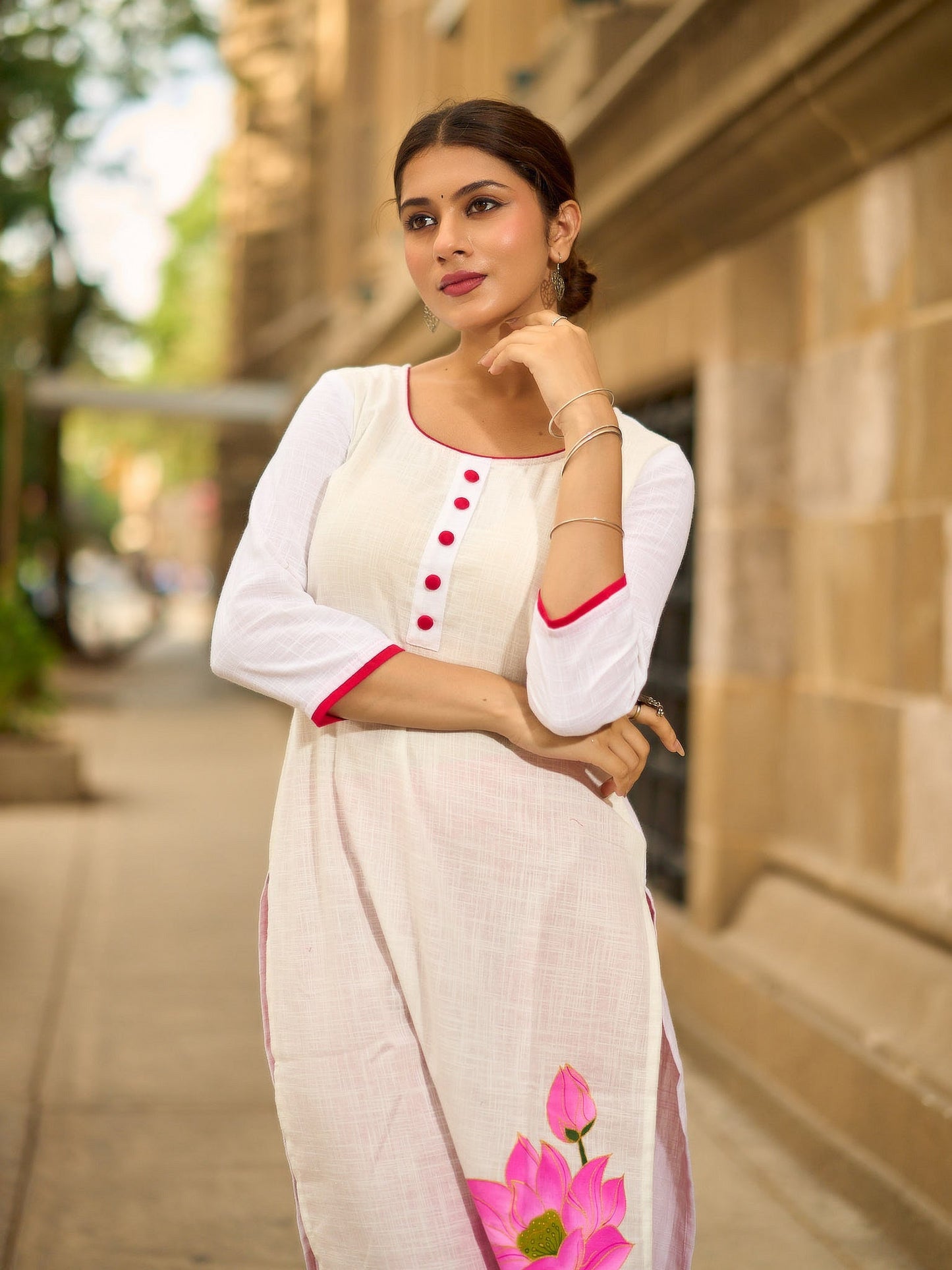 Blooming White Cotton Kurta with Signature Pichwai Hand Painted Pink Lotus & Contrast Trim Detail
