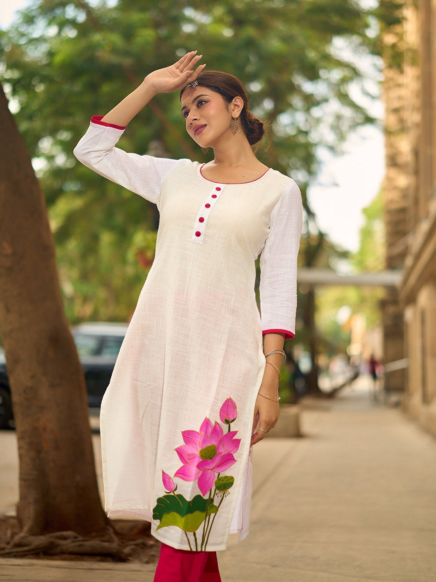 Blooming White Cotton Kurta with Signature Pichwai Hand Painted Pink Lotus & Contrast Trim Detail