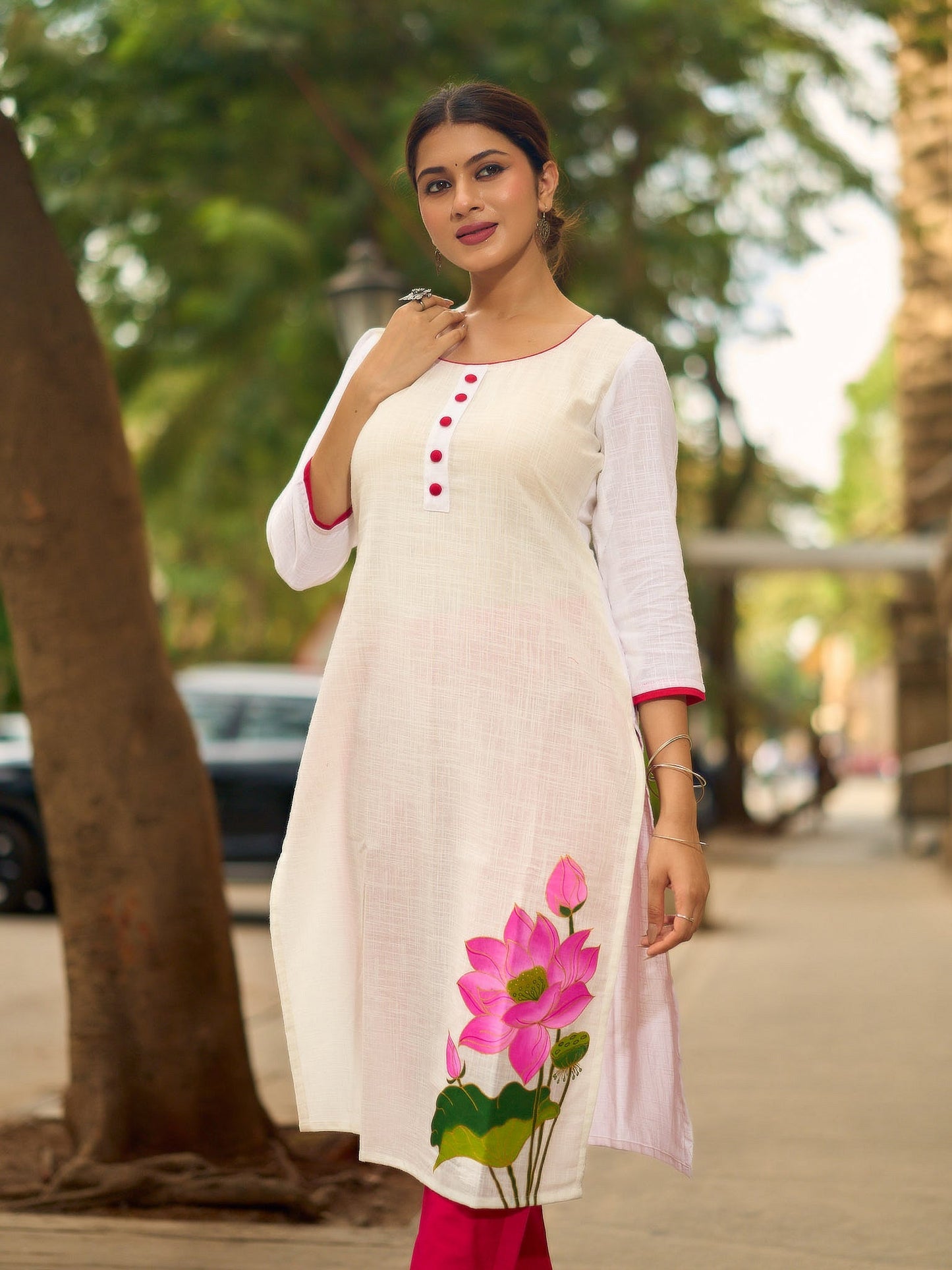 Blooming White Cotton Kurta with Signature Pichwai Hand Painted Pink Lotus & Contrast Trim Detail