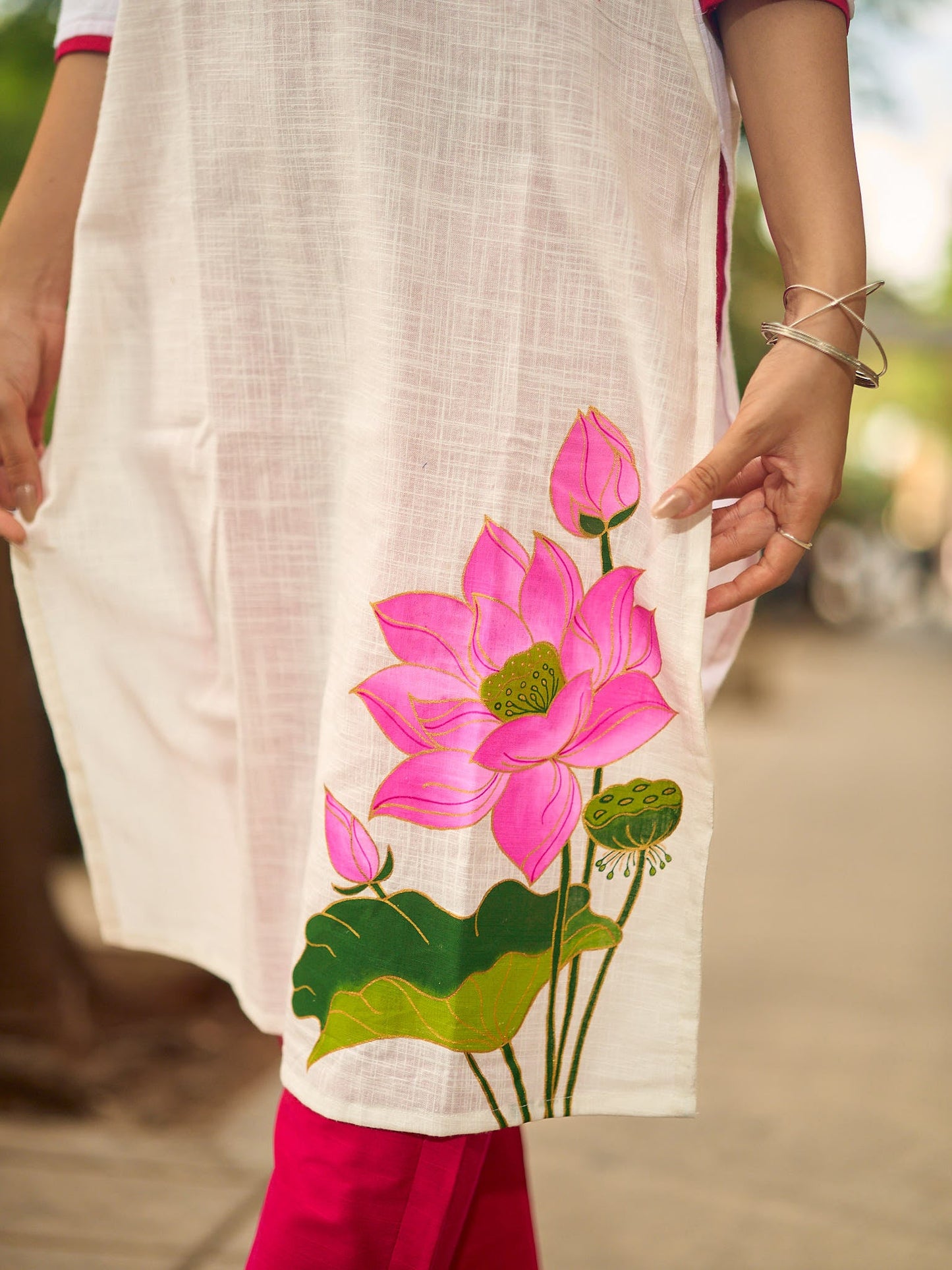 Blooming White Cotton Kurta with Signature Pichwai Hand Painted Pink Lotus & Contrast Trim Detail