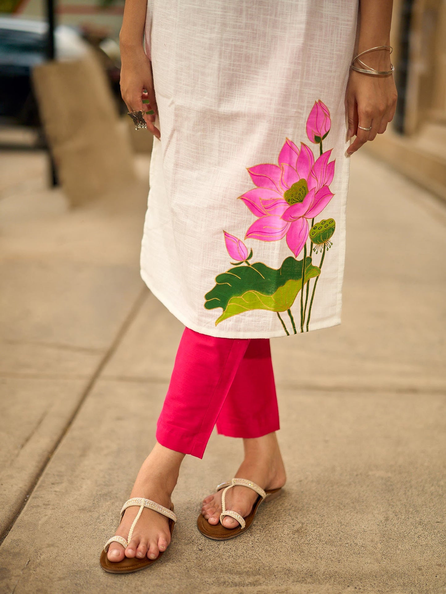 Blooming White Cotton Kurta with Signature Pichwai Hand Painted Pink Lotus & Contrast Trim Detail