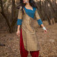 Gold Cotton Silk Kurta with Contrasting Asymmetrical Striped Yoke & Sleeve