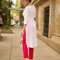 Blooming White Cotton Kurta with Signature Pichwai Hand Painted Pink Lotus & Contrast Trim Detail