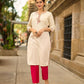 Soulful Off-White Cotton Kurta with Pink Floral Embroidered Neckline & Sleeves