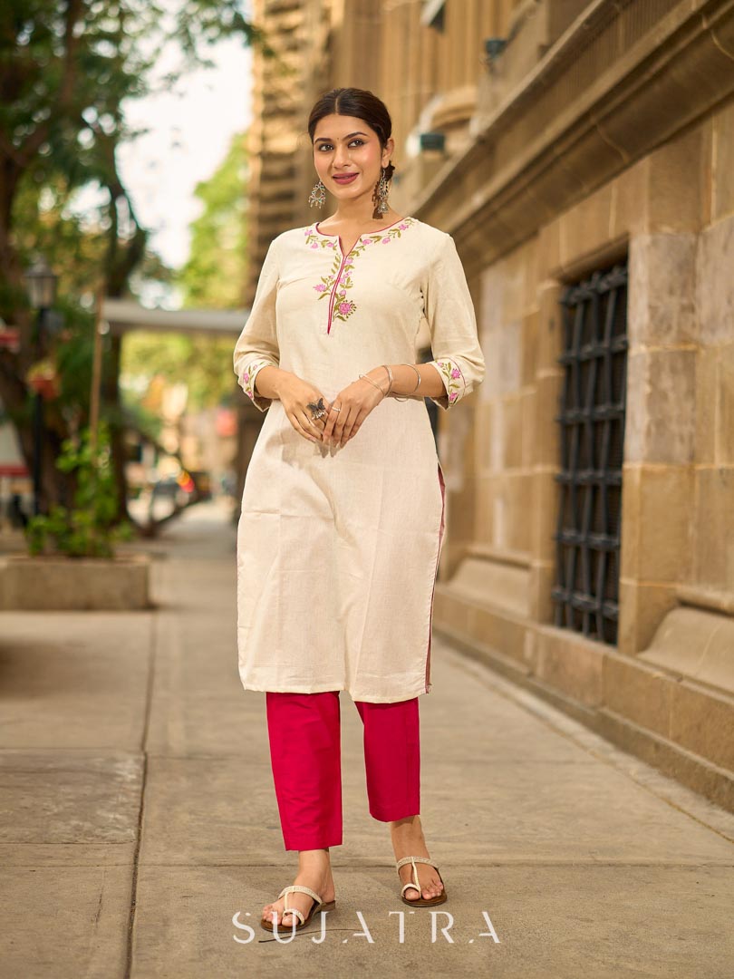 Soulful Off-White Cotton Kurta with Pink Floral Embroidered Neckline & Sleeves