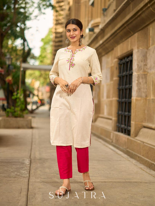 Soulful Off-White Cotton Kurta with Pink Floral Embroidered Neckline & Sleeves