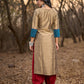 Gold Cotton Silk Kurta with Contrasting Asymmetrical Striped Yoke & Sleeve