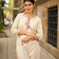Soulful Off-White Cotton Kurta with Pink Floral Embroidered Neckline & Sleeves